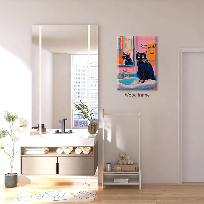 Black Cat Wash Your Paws Fun Wall Art Funky Colorful Bathroom Animal Poster Playful Kitsch Dopamine Aesthetic Canvas Pictures 16x24 inch Framed for Bathroom Wall Decor