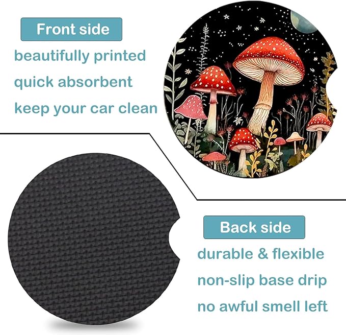 Car Coasters for Cup Holders,2 Pack Starry Night Mushroom Car Coasters,2.75" Universal Size Anti Slip Rubber Mat,Automotive Cup Holder Decal Decor Accessories,Mushroom Gifts for Women,Men,Mom