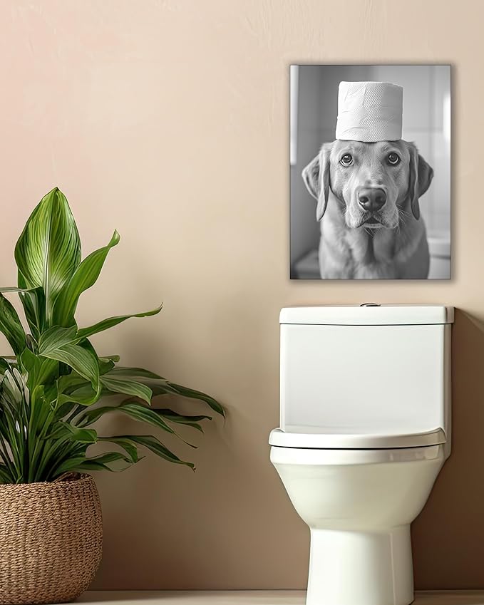 UPWOIGH Bathroom Wall Art Decor, Black and White Labrador Retriever Dog Toilet Paper Wall Art, Wood Framed Canvas Wall Art Animals Abstract Prints, 12"x16" High-end Pictures for Dormitory Kids Room