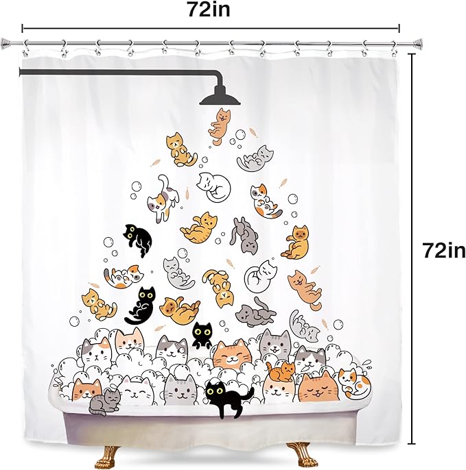 SVBright Cute Cat Shower Curtain for Kids Children 72Wx72L Inch Funny Cartoon Animal Raining Colorful Hilarious Lovely Pets Playing Water Bathroom Waterproof Polyester Fabric Bathtub 12 Pack Hooks