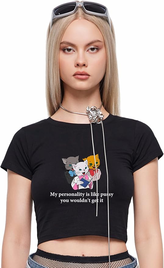 Y2K Graphic Tees for Women - Personality Like Cat Funny Short Sleeve Crew Neck Crop Tops Going Out Top T-Shirt