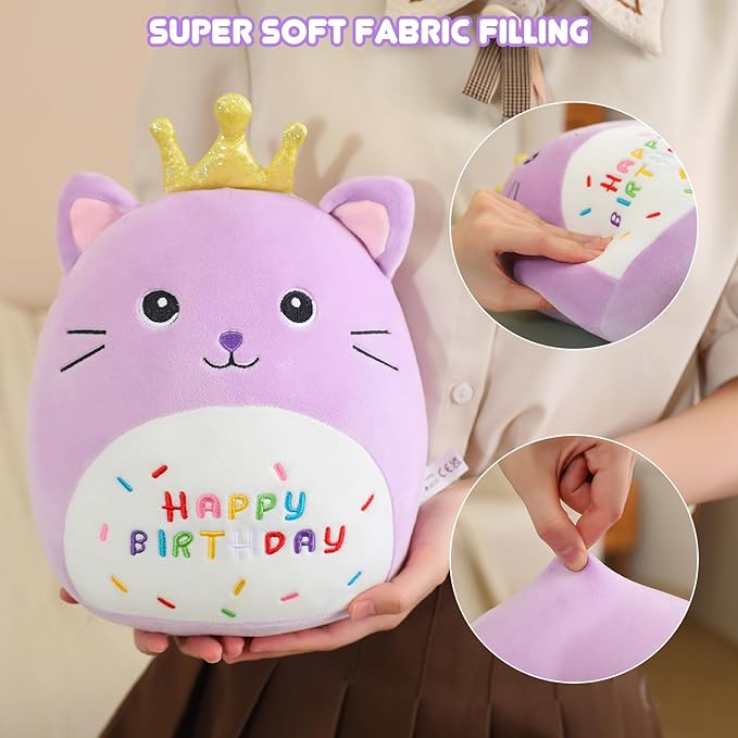 SQEQE Cat Stuffed Animal Kawaii Cat Plushie with Golden Crown Soft Kitty Stuffed Toy Birthday Party Decoration Gift for Kids Girls Boys(Purple Caticorn,14 Inch)