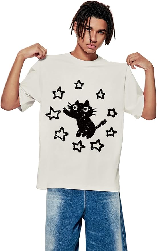 Vamtac Graphic Tees Unisex Loose Star Cat Print Tee Casual Summer Y2k Shirt Cute Short Sleeve Cotton Top