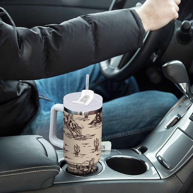 Boccsty Cowboy Cacti Insulated Tumblers Reusable Stainless Steel Tumbler 40 oz Cup Coffee Travel Mug Water Bottle with Handle & Flip Straw for Home Office Car