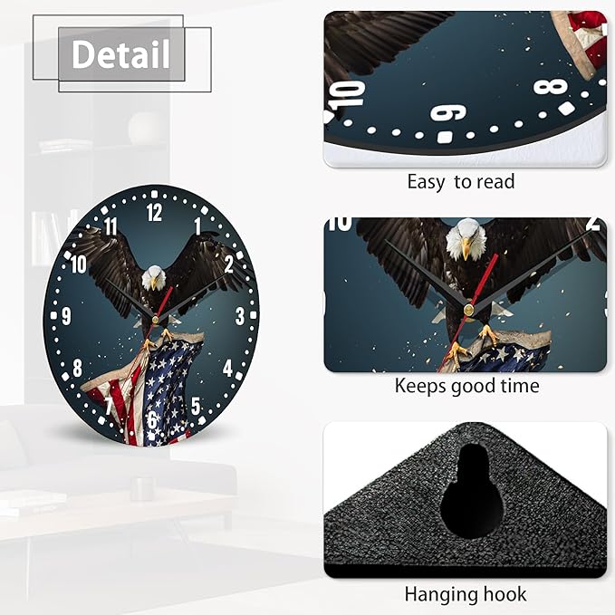 SPUNKER America Flag Eagle Wall Clocks,USA Bald Eagle Wall Clock Battery Operated 10 Inch,Round Clock Silent Non-Ticking Wall Decor for Farmhouse Office Home School Living Room Bedroom