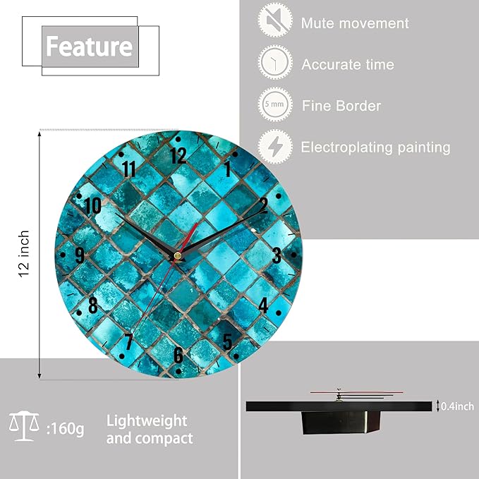 SPUNKER Clocks for Living Room,Turquoise Geometric Kitchen Wall Clock,Teal Mosaic Clocks 10 Inch Silent Non-Ticking Wall Battery Operated for Living Room Bedroom Bathroom Laundry Room Decor