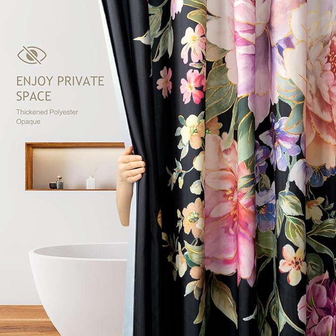 Vimorco Flower Butterfly Shower Curtain, Black Shower Curtains for Bathroom, Waterproof Quick-Dry Polyester Fabric Flower Shower Curtain, Floral Bath Curtain Bathroom Decor, 12 Hooks