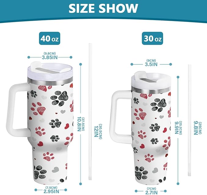 Boccsty Black Red Dog Paw Prints Hearts Insulated Tumblers Reusable Stainless Steel Tumbler 30 oz Cup Coffee Travel Mug Water Bottle with Handle & Flip Straw for Home Office Car