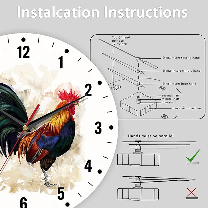 SPUNKER Wall Clock,Rooster Wall Clocks for Living Room Decor,Farm Animal Watercolor Kitchen Clocks Wall Battery Operated - 10 Inch Round Bathroom Wall Clock Silent Non-Ticking