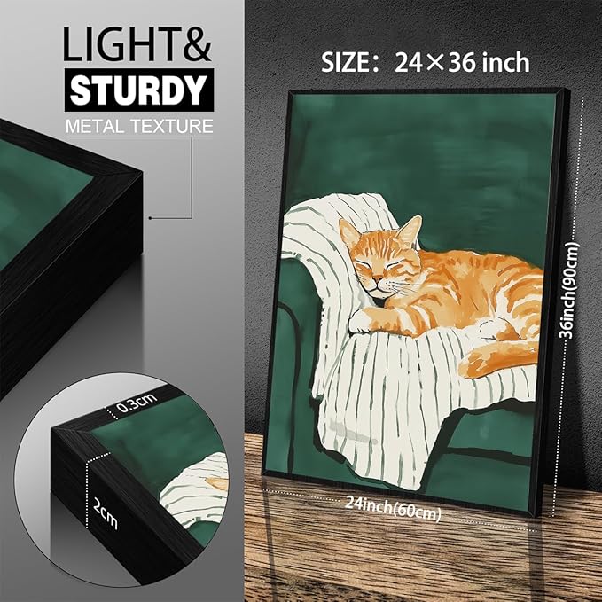 Sleeping Orange Cat poster Green Aesthetic Wall Art Preppy Funky Cute Animal Canvas Painting Gift For Cat Lover 24x36 inch Black Framed for Cozy Room Wall Decor