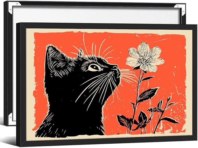 Black Cat Posters Vintage Animal Botanical Wall Art Cute Cat Sniffing Flower Canvas Painting Gift For Cat Lover 16x24 inch Black Framed Living Room Gallery Wall Decor