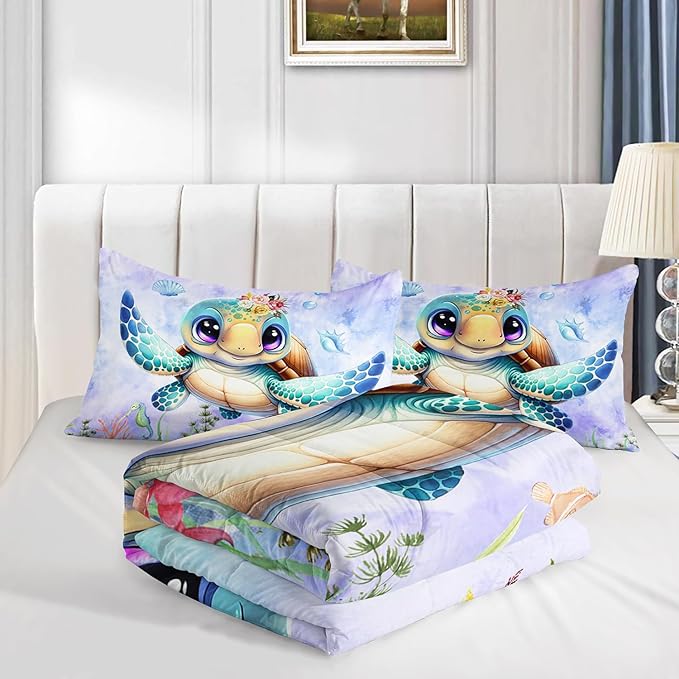 Turtle Bedding Set 3pcs Queen Ocean Life Shell Comforter Set Kid Fish Crab Bedding Set for Boy Girl Watercolor Tortoise Seaweed Theme Pattern Quilt Bed Set with 1 Comforter and 2 Pillowcases