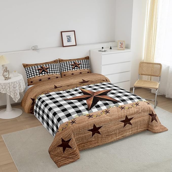 Western Texas Star Comforter Set Full, Farmhouse Black Plaid Bedding, Brown Vintage Country Star Bedding Comforter Sets, Retro Rustic Checked Grid Bedroom Decor Wooden Grain Quilt For Kids Boys Girls