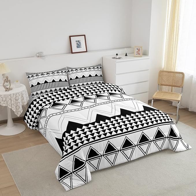 Boho Aztec Comforter Set Full Size Black And White Bedding Set Morden Geometric Triangle Lattice Down Comforter Minimalism Room Decor Warm Soft 3 Pieces Quilted Duvet For Kids Boys Girls Teens