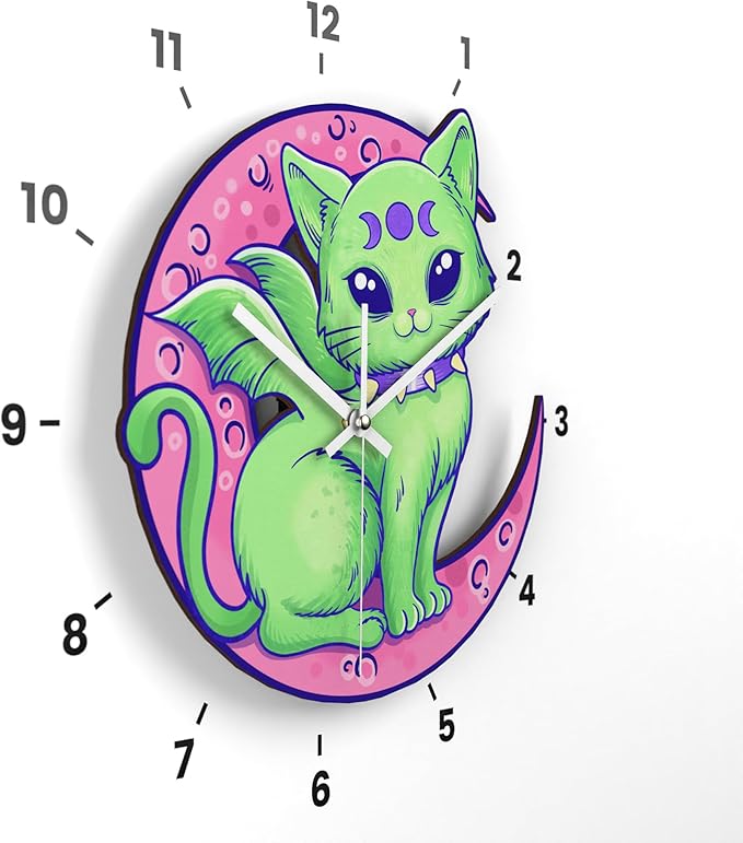 Wooden Wall Clock Spooky Cat Non-Ticking Silent Battery Operated Home Decor DIY Numbers Cute Pastel Goth House Warming Gift for Kids Bedroom Girls Room Living Room Kitchen Kawaii Halloween Moon