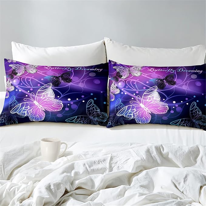 Butterfly Comforter for Girls Teen, 3D Printed Novel Bedding Set Queen Size, Cute Animals Pattern Purple Comforter Set Soft Breathable Microfiber Quilt for All Season 3Pcs with Pillowcases