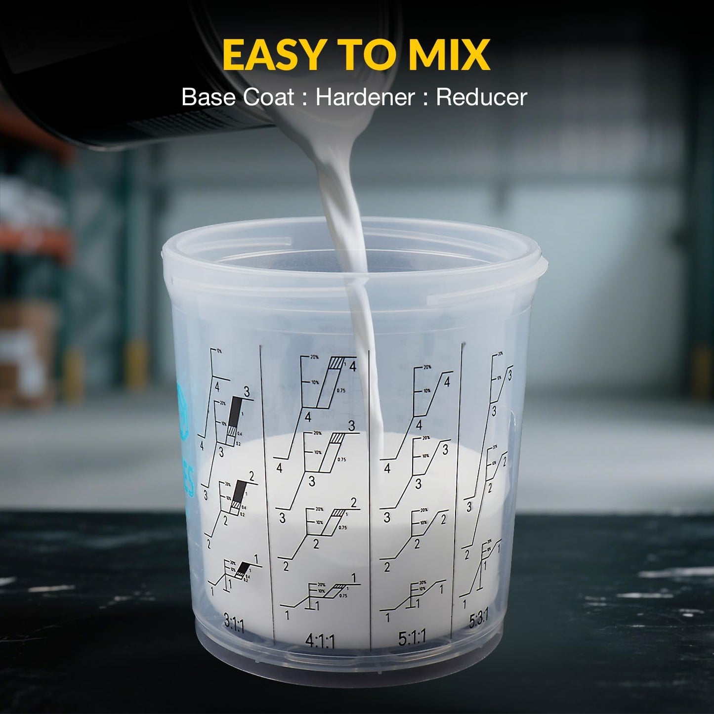 YUZES Paint Mixing Cups System 20 Ounce (600ml), 50 Disposable Paint Cups Liners and Lids, 2 Hard Cup with Retainer Ring, 20 Plugs, PTFE Tape, Paint Stirrer, 2 Cup Adapter for Automotive Paint Gun