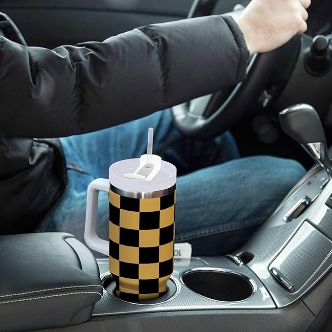 Boccsty Black Gold Squares Checkered Insulated Tumblers Reusable Stainless Steel Tumbler 30 oz Cup Coffee Travel Mug Water Bottle with Handle & Flip Straw for Home Office Car