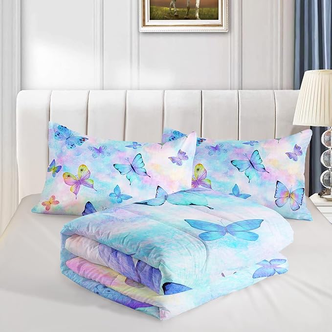 BSNTHO Butterfly Comforter Set Reversible Design Blue Tie Dye Bedding Set Twin Size Rainbow Watercolor Comforter 3 Pieces Super Soft Lightweight