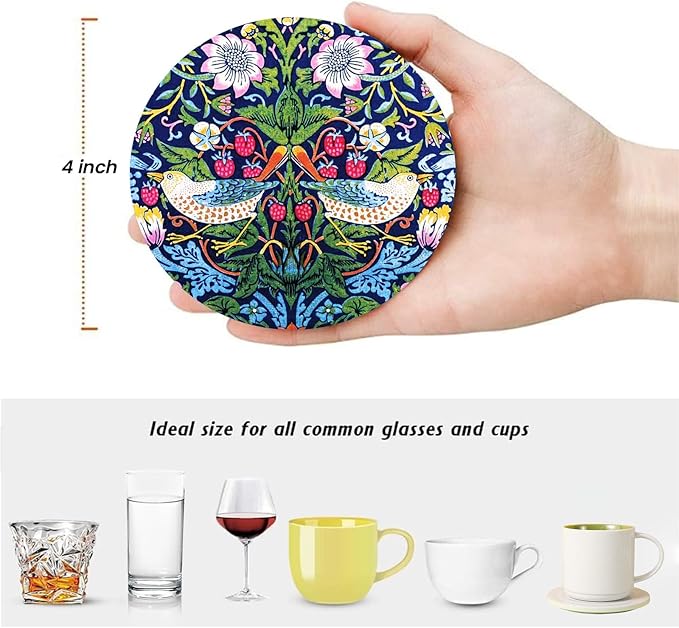 William Morris Flower Coasters Set of 6 for Drinks,Round Absorbent Ceramic Stone Coaster with Metal Holder,Morris Strawberry Thief Floral Coasters with Cork Base for Coffee Party Decor Gifts