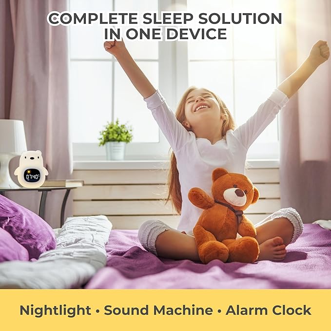 Bumble & Bright Bear Kids Alarm Clock with Night Lamp & Sound Machine | 8 Soothing Colors & 6 Relaxing Sounds | USB Powered | Adorable Alarm Clock for Kids, Girls & Boys
