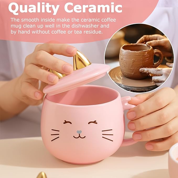 Yuwu Cat Ceramic Coffee Mug with Spoon & Lid, 13.5 oz Novelty Mug with Phone Stand Lid, Kawaii Tea Cup for Women & Cat Enthusiasts