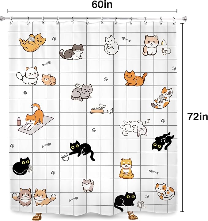 SVBright Cute Cat Shower Curtain 60Wx72L Inch Kids Cartoon Funny Kitty Animal Hilarious Lovely Pets Paw Print Boys Girls Newborn 12 Pack Hooks Polyester Waterproof Fabric Bathroom Bathtub Panels