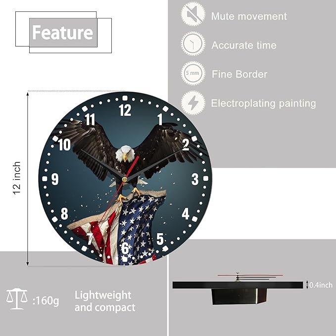 SPUNKER America Flag Eagle Wall Clocks,USA Bald Eagle Wall Clock Battery Operated 10 Inch,Round Clock Silent Non-Ticking Wall Decor for Farmhouse Office Home School Living Room Bedroom