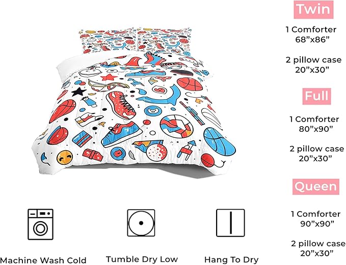 Sports Adventure Comforter Set Full Size Cartoon Basketball Baseball and Football Designs Bedding Set for Teens Kids Boys Girls Room Decor 1 Comforter and 2 Pillow Cases