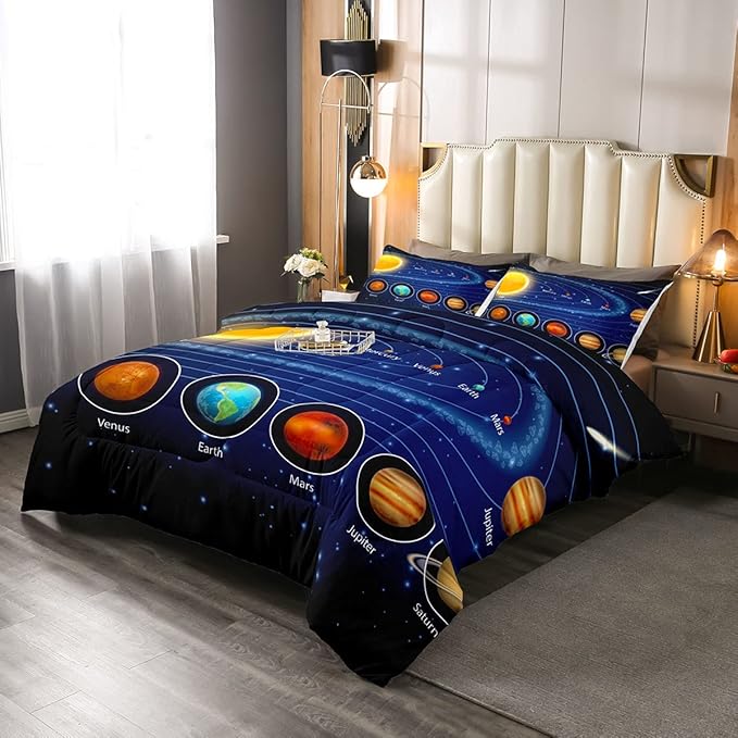 Solar System Comforter Set Queen Galaxy Bedding Set Outer Space Down Comforter Kids Boys Girls Starry Sky Universe Planets Duvet Set Room Decor Super Soft Astronomy Quilt Duvet Insert, Blue