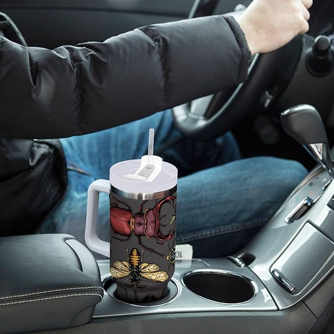 Boccsty Bright Insects Dark Insulated Tumblers Beetle Reusable Stainless Steel Tumbler 30 oz Cup Coffee Travel Mug Water Bottle with Handle & Flip Straw for Home Office Car