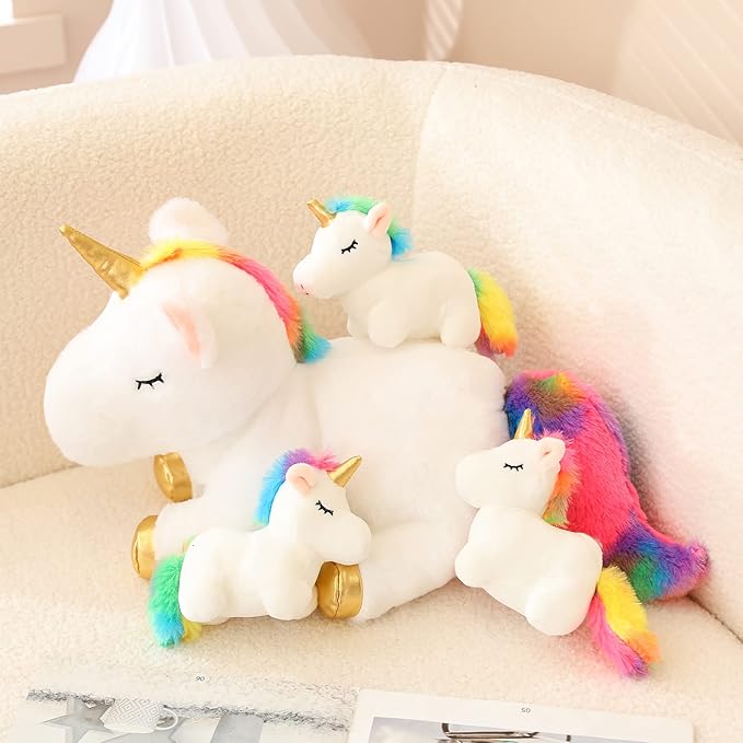 SQEQE Colorful Unicorn Plush Toy with 4 Baby Plush Unicorns in her Tummy, Stuffed Cotton Plush Animal Toy Gift for Kids