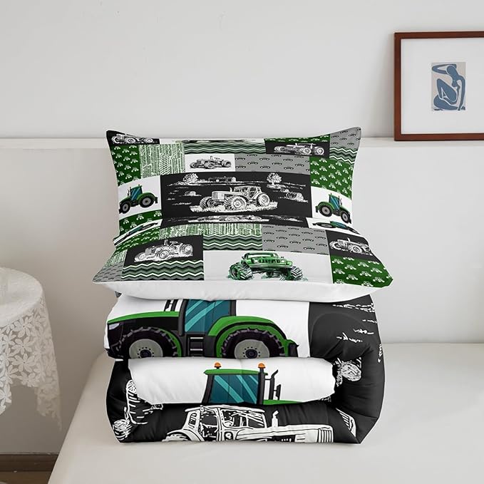 Tractor Bedding Set Twin Size Equipment Trucks Comforter Farmhouse Harvester Down Comforter for Kids Boys Car Bedroom Decor Green Vehicle Quilt Plaid with 1 Pillowcase, Grey