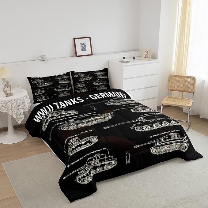 Tank Comforter Set Queen, War Theme Bedding Set, Soldier Dirt Bike Camouflage Army Acting Down Comforter For Kid Boy Teen Men,Camo Vintage Style Quilt Set, Military Vehicle Duvet Set Room Decor