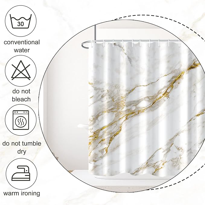 AWERT Abstract Minimalism White and Gold Ink Art Marble Shower Curtain for Bathroom Modern High Definition Printing Waterproof Shower Curtain with Hooks Bathroom Decor 60x72inch