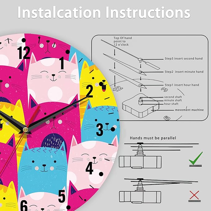 SPUNKER Wall Clocks,Cute Cats Wall Clocks for Living Room Decor,Colorful Kitten Kitchen Clocks Wall Battery Operated - 10 Inch Round Bathroom Wall Clock Silent Non-Ticking