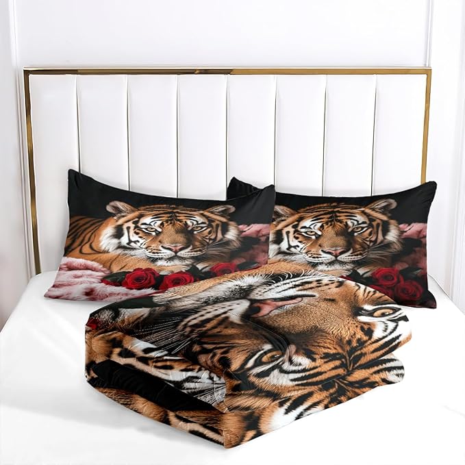 Tiger Comforter Set Queen Size Wildlife Bedding Sets for Kids Teen Safari Animal Bedding Room Decor,Red Rose Quilt Set 3Pcs Soft Breathable Duvet Insert with 2 Pillowcases