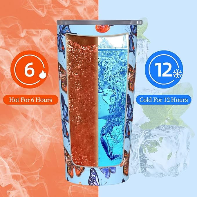 Butterfly Tumbler Blue Butterflies Stainless Steel Insulated Tumblers with Lid Straw Reusable Spring Nature Dream Coffee Travel Mug Tea Water Wine Cups Birthday Gifts for Women 20 Oz