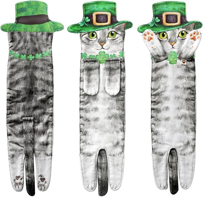 St Patrick's Day Cat Hand Towels for Kitchen Bathroom Decorations Gifts - Cute Shamrock Green Hanging Soft Absorbent Face Towel - Funny Birthday Housewarming Unique Gift for Women Mom Lady Cat Lovers