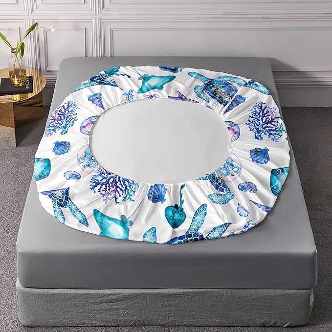 Blue Sea Turtle Sheet 4Pcs Twin Ocean Coral Starfish Shell Fish Bedding Set for Kid Teen Girl Boy Adult Bed Decor Conch Manta Ray Bedspread with 1 Flat Sheet and 1 Fitted Sheet+2 Pillowcases
