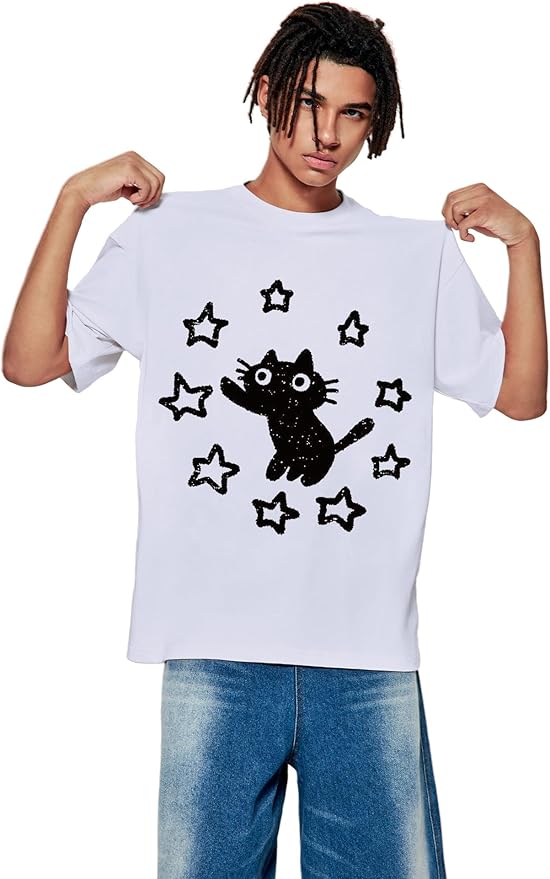 Vamtac Graphic Tees Unisex Loose Star Cat Print Tee Casual Summer Y2k Shirt Cute Short Sleeve Cotton Top