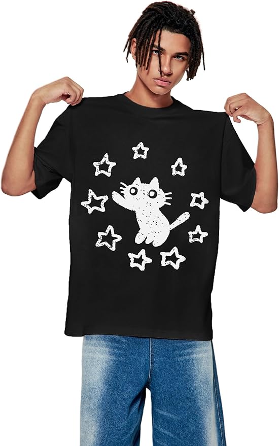Vamtac Graphic Tees Unisex Loose Star Cat Print Tee Casual Summer Y2k Shirt Cute Short Sleeve Cotton Top