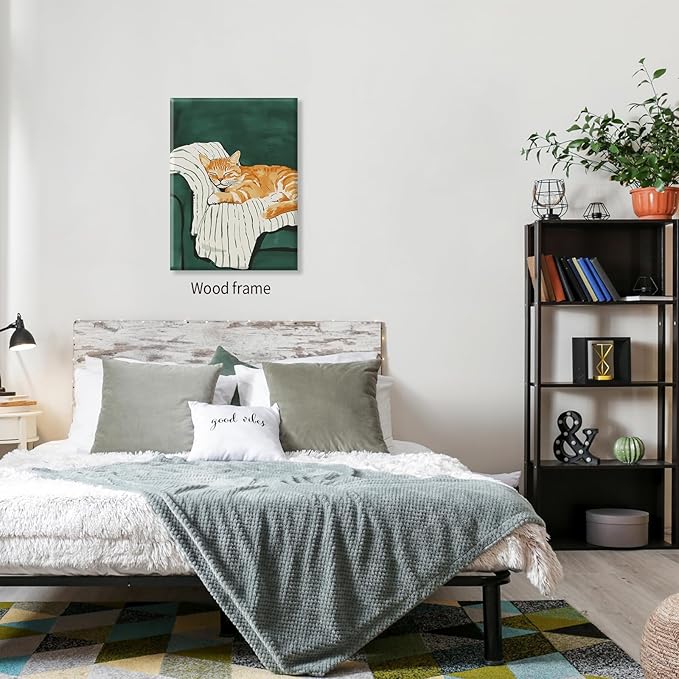 Sleeping Orange Cat poster Green Aesthetic Wall Art Preppy Funky Cute Animal Canvas Painting Gift For Cat Lover 16x24 inch Framed for Cozy Room Wall Decor