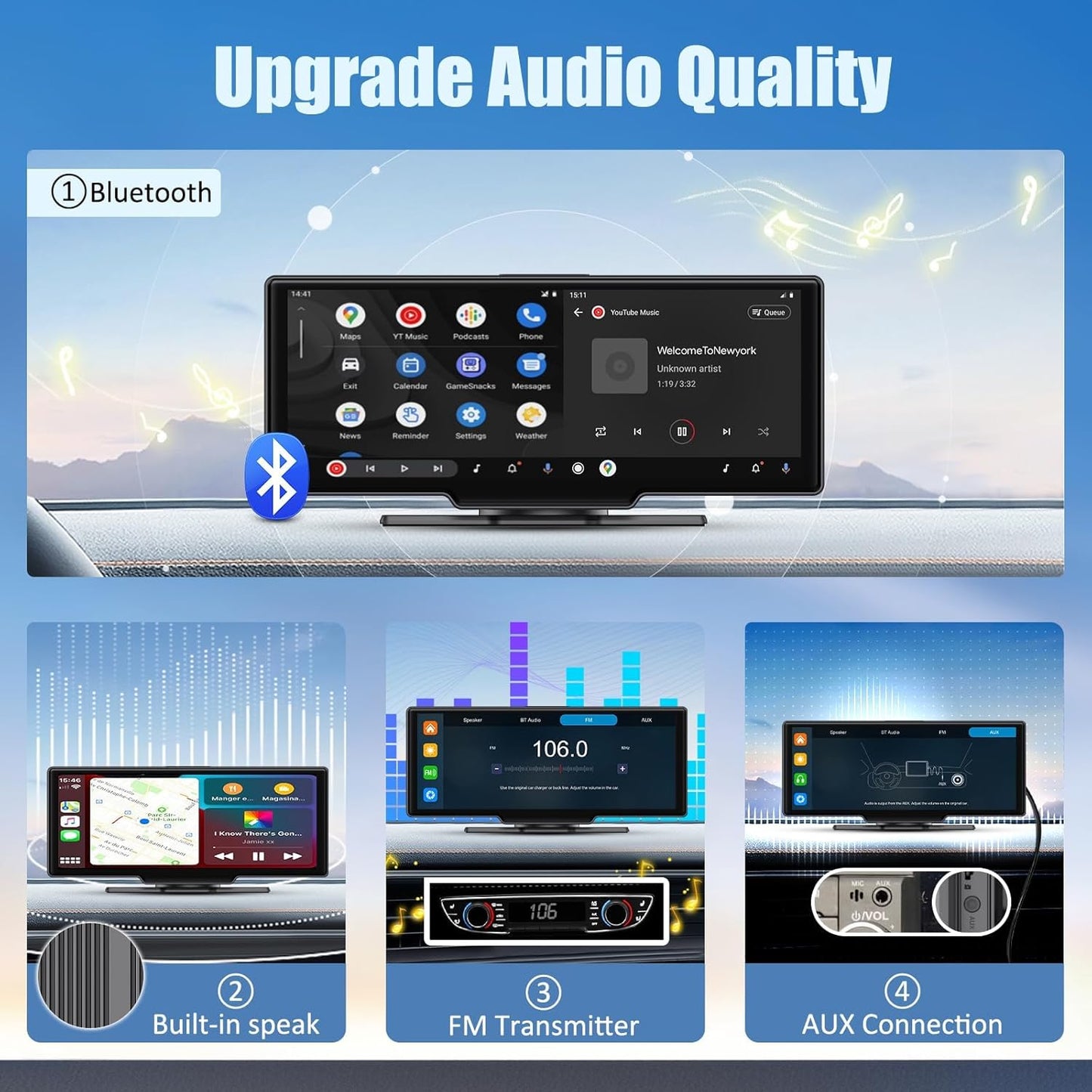 Wireless Carplay Screen, 10.26"Portable Car play & Android Auto Touch Screen, Bluetooth Double Din Car Stereo with 4K Dash Cam,1080P Backup Camera/Mirror Link/Voice Control/GPS/AUX/FM for All Vehicles