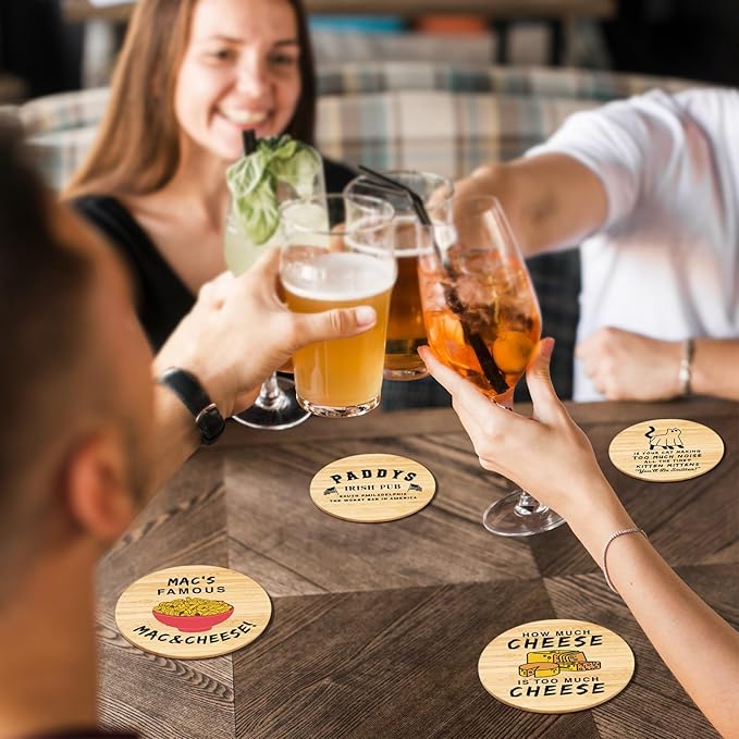 Sunny in Philadelphia TV Show Themed Merchandise for Fans, Funny Drink Coasters with Coaster Holder Set of 6, Cute Coasters for Drinks, Bar Cork Coasters for Coffee Desk Table