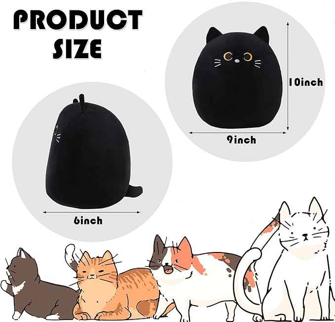 SQEQE Cat Plush Pillow Kawaii Cat Stuffed Animal Fluffy Cartoon Cat Plushies Cat Plushie Doll Toys Soft Cat Shape Design Stuffed Animals Gifts for Kids(Black, 10 inch)