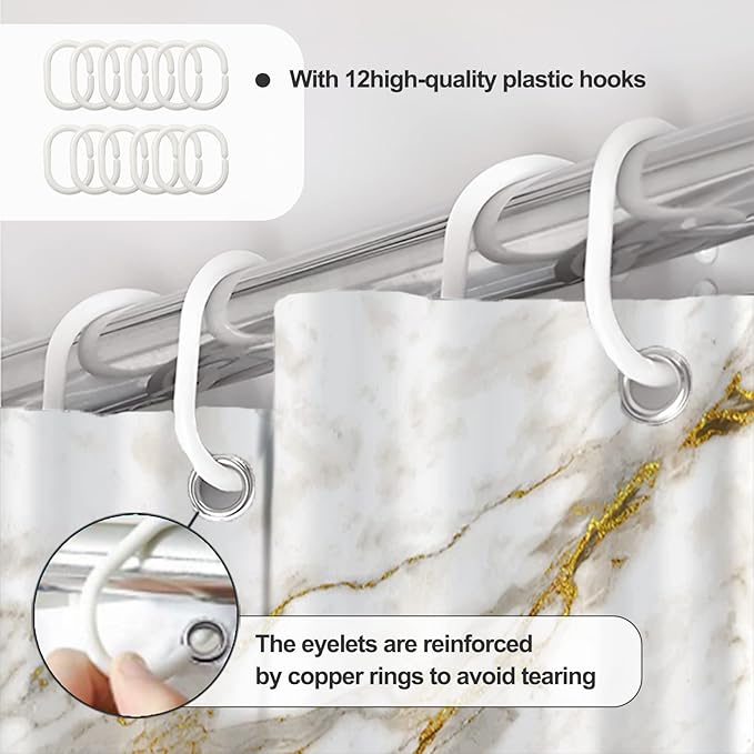 AWERT Abstract Minimalism White and Gold Ink Art Marble Shower Curtain for Bathroom Modern High Definition Printing Waterproof Shower Curtain with Hooks Bathroom Decor 72x84 inch