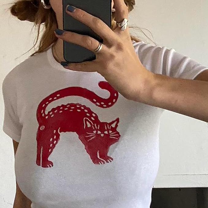 Y2k Graphic Baby Tees for Women Funny Kitten Shirt Tops Aesthetic Fairy Grunge Crop Top 90s 2000s Vintage Clothing