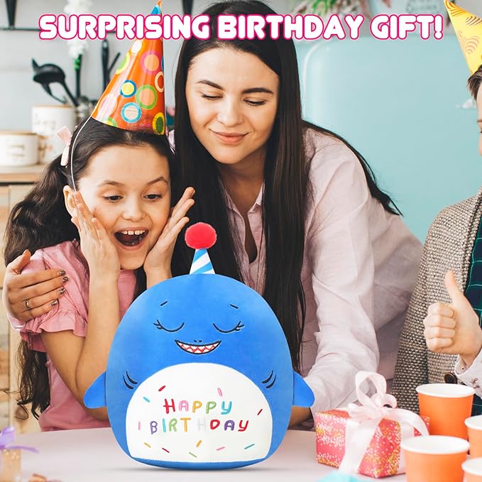 SQEQE Shark Stuffed Animal Toy Happy Birthday Shark Plush Cute Blue Birthday Plushies Doll Home Decor for Kids Girls Boys 10 Inch