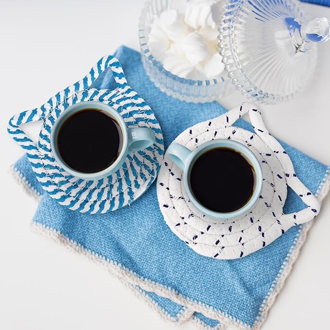 Whaline Cat Ear Coaster Set Cat Ear Shape Handmade Braided Cotton Coasters Blue White Non-Slip Absorbent Drink Coasters with Holder for Summer Birthday Housewarming Gifts Home Decor, Set of 4